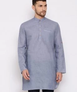 Vastramay Men's Grey Cotton Blend Short Kurta