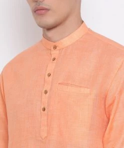 Vastramay Men's Orange Cotton Blend Short Kurta