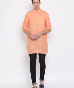 Vastramay Men's Orange Cotton Blend Short Kurta
