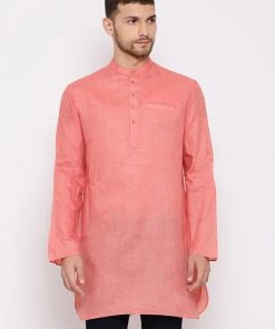 Vastramay Men's Pink Cotton Blend Short Kurta