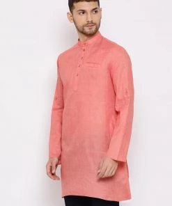 Vastramay Men's Pink Cotton Blend Short Kurta