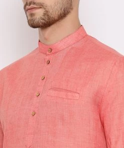 Vastramay Men's Pink Cotton Blend Short Kurta