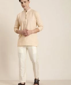 SHVAAS By VASTRAMAY Men's Beige Pure Cotton Short Kurta