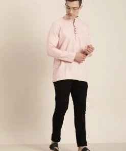 VASTRAMAY Men's Pink Solid Pure Cotton Kurta