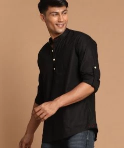 VASTRAMAY Men's Black Color Short Cotton Kurta
