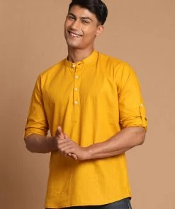VASTRAMAY Men's Mustard Color Short Cotton Kurta