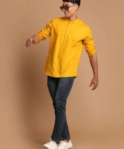 VASTRAMAY Men's Mustard Color Short Cotton Kurta