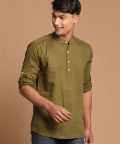 VASTRAMAY Men's Olive Green Short Cotton Kurta