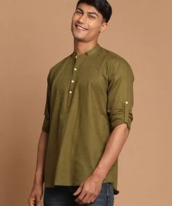 VASTRAMAY Men's Olive Green Short Cotton Kurta