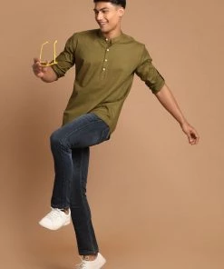 VASTRAMAY Men's Olive Green Short Cotton Kurta