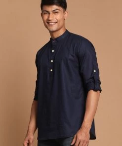 VASTRAMAY Men's Navy Blue Short Cotton Kurta