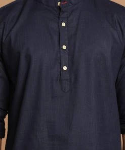 VASTRAMAY Men's Navy Blue Short Cotton Kurta