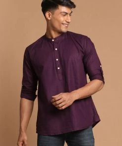 VASTRAMAY Men's Purple Color Short Cotton Kurta
