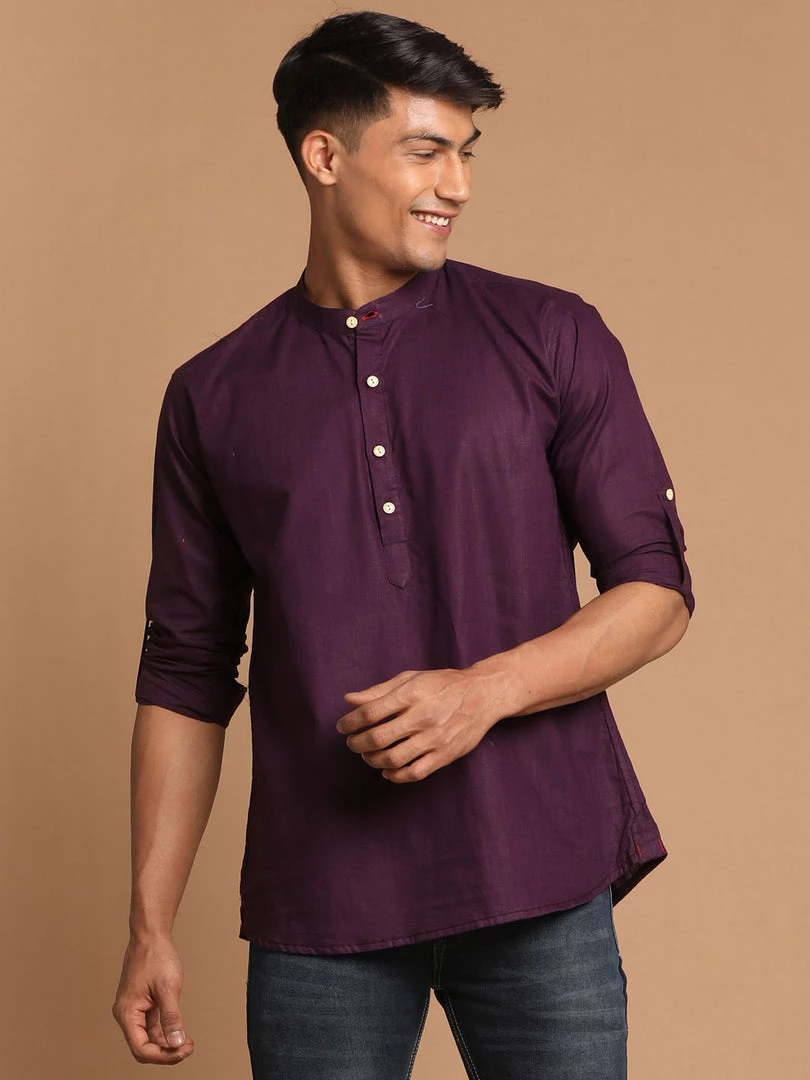 VASTRAMAY Men's Purple Color Short Cotton Kurta 3 VASTRAMAY Men's Purple Color Short Cotton Kurta