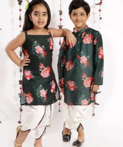 Vastramay Green Floral Printed Cotton Silk Siblings Set
