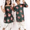 Vastramay Green Floral Printed Cotton Silk Siblings Set