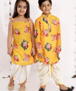 Vastramay Yellow Floral Printed Cotton Silk Siblings Set