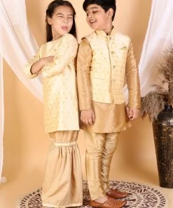Vastramay Banarasi Gold And Rose Gold Woven Siblings Set