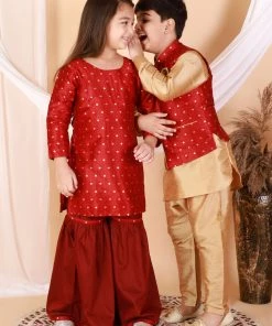 Vastramay Banarasi Maroon Woven Siblings Set