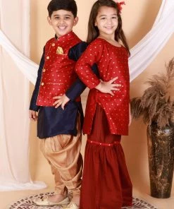 Vastramay Banarasi Maroon Woven Siblings Set