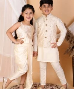 Vastramay Cream And Gold Silk Blend Siblings Set