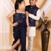 Vastramay Navy Blue Embroidered Silk Blend Siblings Set