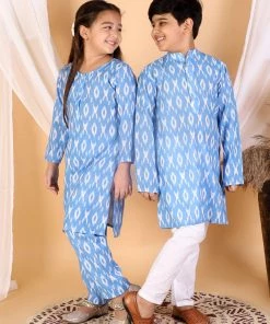 Vastramay Aqua Blue Traditional Ikkat Print Siblings Set