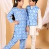 Vastramay Aqua Blue Traditional Ikkat Print Siblings Set