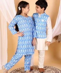 Vastramay Aqua Blue Traditional Ikkat Print Siblings Set