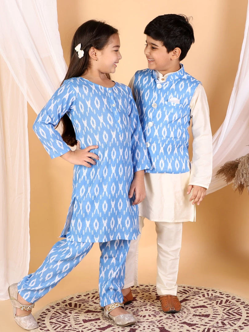 Vastramay Aqua Blue Traditional Ikkat Print Siblings Set 3 Vastramay Aqua Blue Traditional Ikkat Print Siblings Set