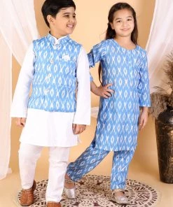 Vastramay Aqua Blue Traditional Ikkat Print Siblings Set