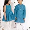 Vastramay Aqua Blue Handloom Cotton Striped Siblings Set