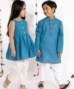 Vastramay Aqua Blue Handloom Cotton Striped Siblings Set
