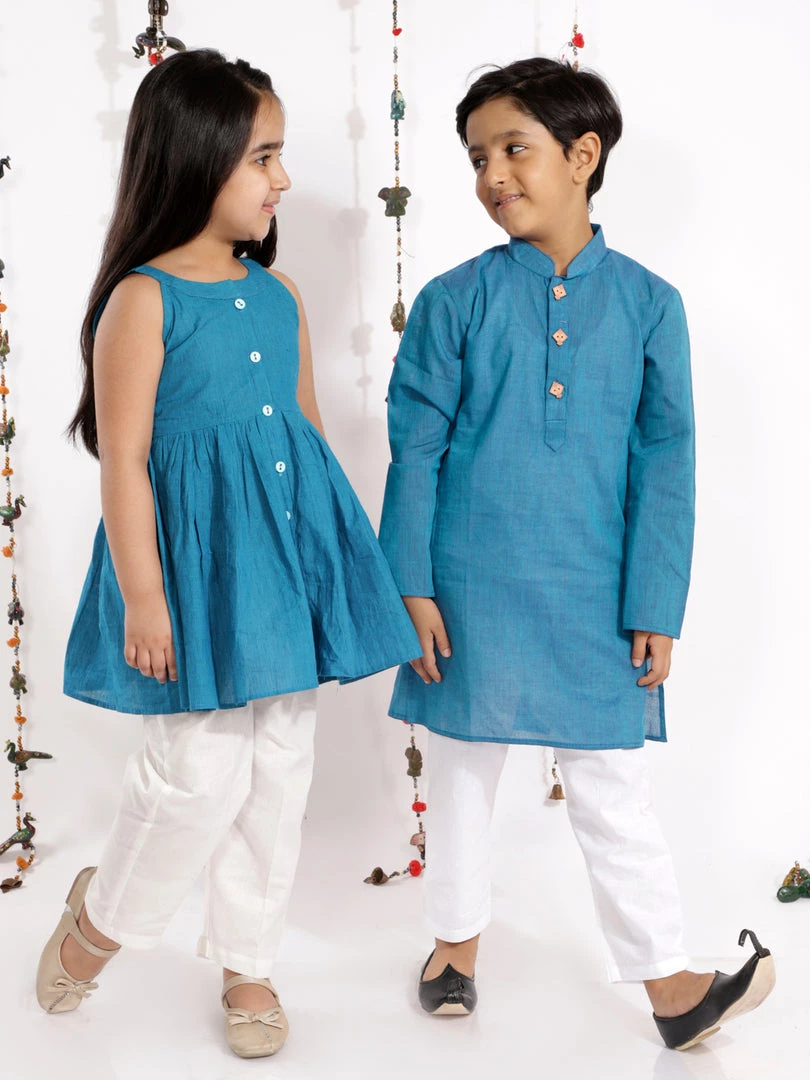 Vastramay Aqua Blue Handloom Cotton Striped Siblings Set 3 Vastramay Aqua Blue Handloom Cotton Striped Siblings Set