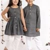 Vastramay Black Handloom Cotton Striped Siblings Set