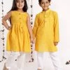 Vastramay Yellow Handloom Cotton Striped Siblings Set