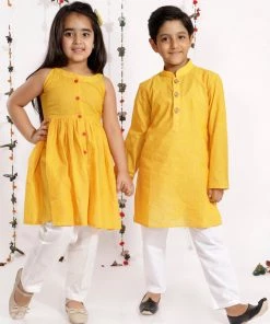 Vastramay Yellow Handloom Cotton Striped Siblings Set