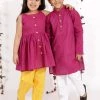 Vastramay Purple Handloom Cotton Striped Siblings Set