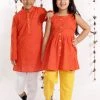 Vastramay Orange Handloom Cotton Striped Siblings Set