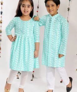 Vastramay Green Pure Cotton Chikankari Siblings Set