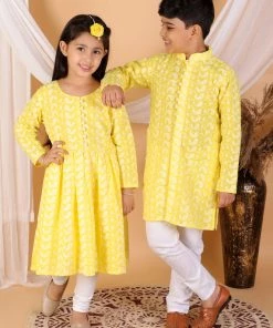 Vastramay Mustared Pure Cotton Chikankari Siblings Set