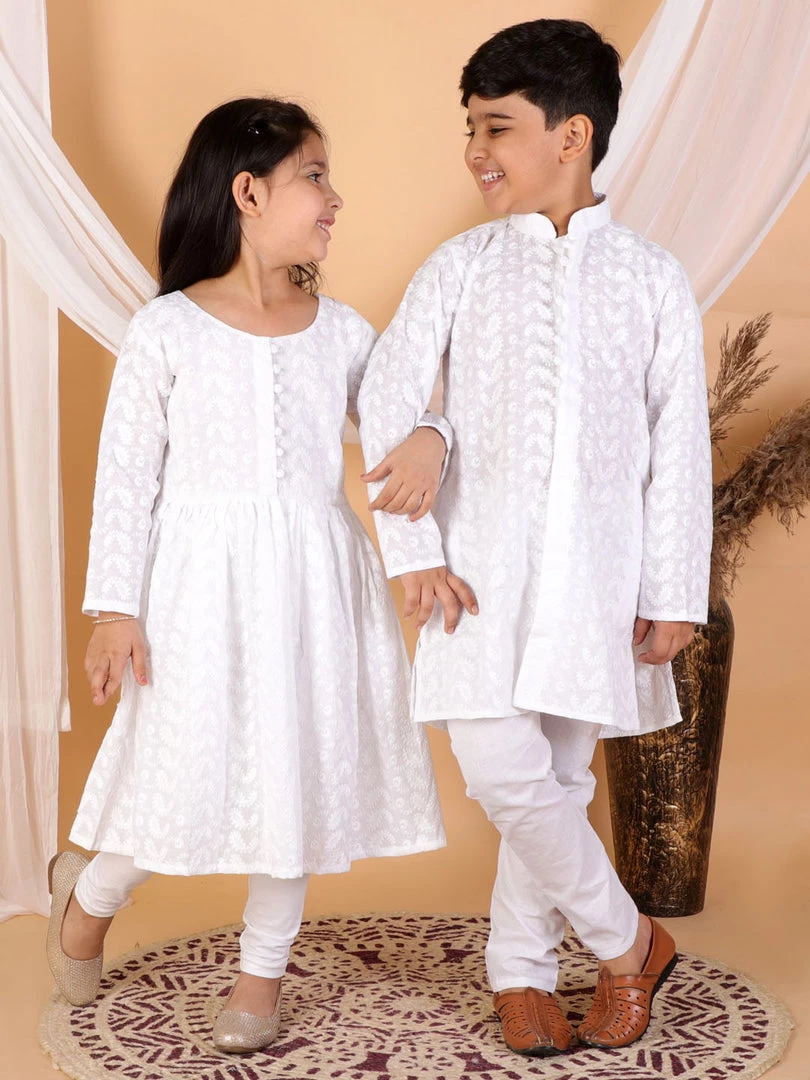 Vastramay White Pure Cotton Chikankari Siblings Set 3 Vastramay White Pure Cotton Chikankari Siblings Set