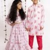 Vastramay Rose Pink Cotton Linen Floral Printed Siblings Set
