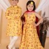 VASTRAMAY Yellow Muslin Cotton Floral Printed Siblings Set