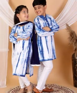 Vastramay Blue Tie And Dye Pattern Cotton Siblings Set
