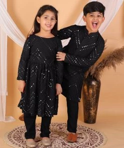 Vastramay Black Color Mirror Work Kurta Pyjama Siblings Set