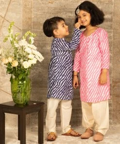 Vastramay Laheriya Pattern Pink And Blue Cotton Blend Siblings Set