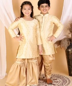 Vastramay Silk Blend Gold And Rose Gold Woven Sibling Set