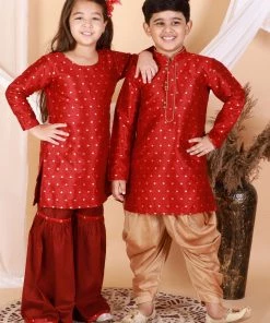 Vastramay Silk Blend Maroon Color Woven Sibling Set