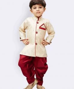 JBN Creation Boys' Gold Cotton Silk Kurta And Dhoti Pant Set